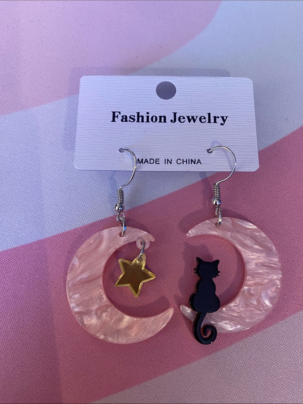 Fashion Jewelry Pink Crescent Moon Earrings with Gold Star and Black Cat Charm